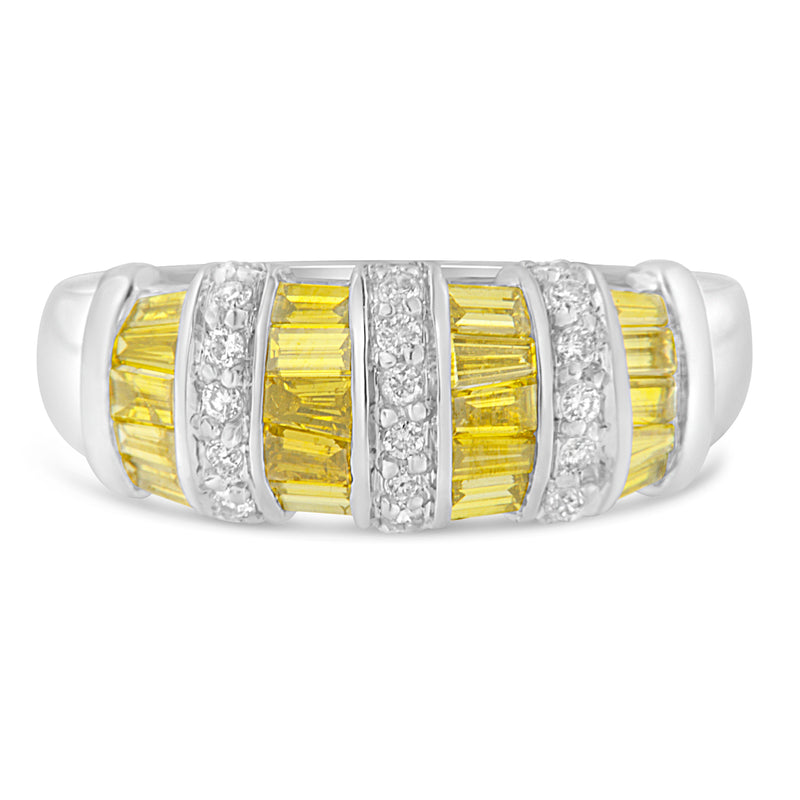 14k White Gold 1 1/4ct TDW Treated Yellow Baguette and Round Diamond Modern Ring Band(H-I SI2-I1)