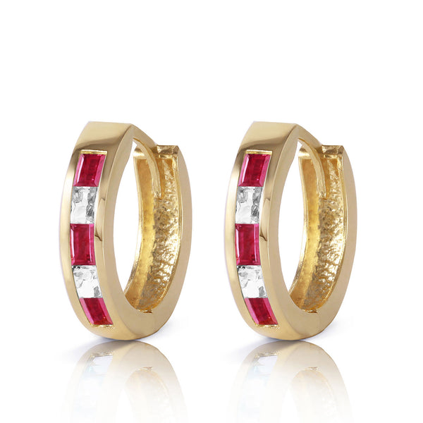 1.26 Carat 14K Solid Yellow Gold Hoop Earrings Natural Ruby White Topaz