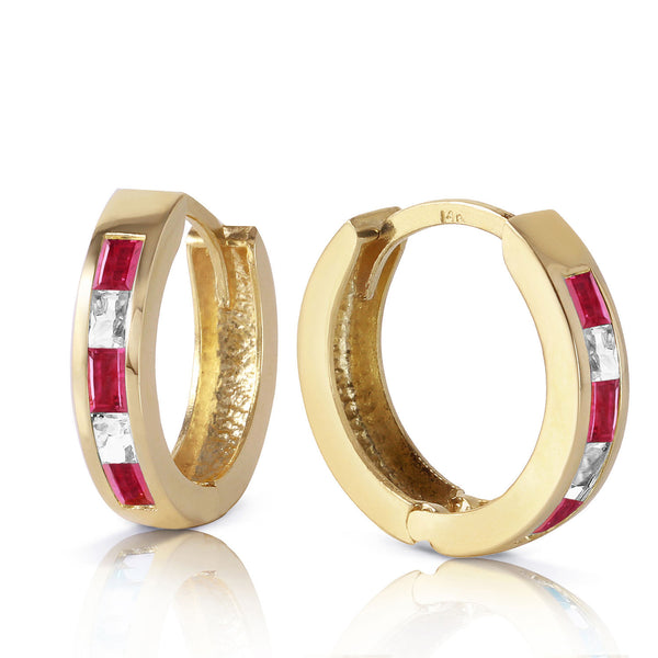 1.26 Carat 14K Solid Yellow Gold Hoop Earrings Natural Ruby White Topaz