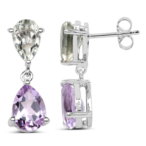 4.90 Carat Genuine Pink Amethyst and Green Amethyst .925 Sterling Silver Earrings