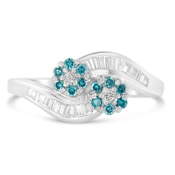 10k White Gold 1/2ct TDW Treated Blue Round and Baguette Diamond Floral Accent Ring(H-I SI1-SI2)