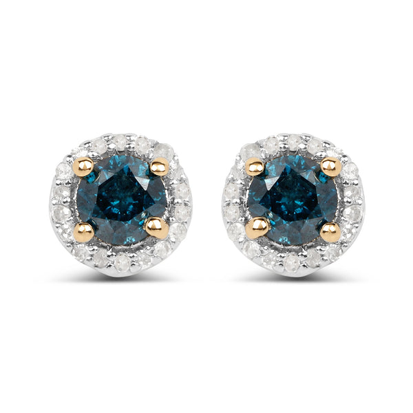 14K Yellow Gold Plated 0.65 Carat Genuine Blue Diamond and White Diamond .925 Sterling Silver Earrings