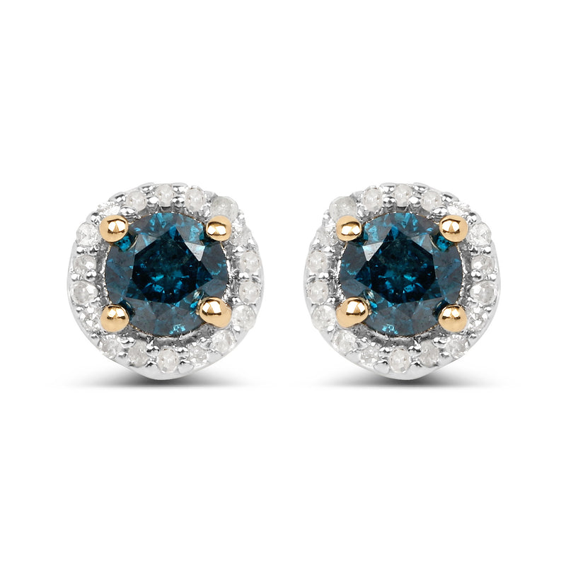 14K Yellow Gold Plated 0.65 Carat Genuine Blue Diamond and White Diamond .925 Sterling Silver Earrings