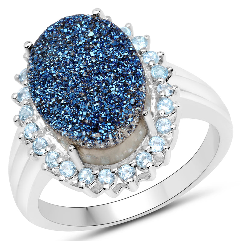 3.68 Carat Genuine Drusy Quartz and Swiss Blue Topaz .925 Sterling Silver Ring