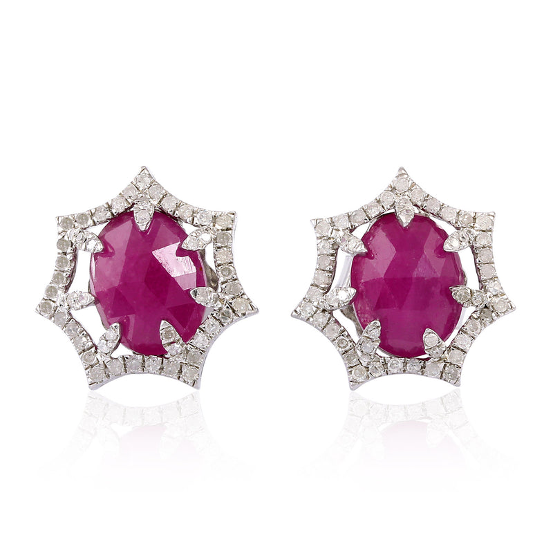 Classy 0.57ct Pave Diamond Ruby Stud Earrings Gold 925 Silver Minimal Jewelry