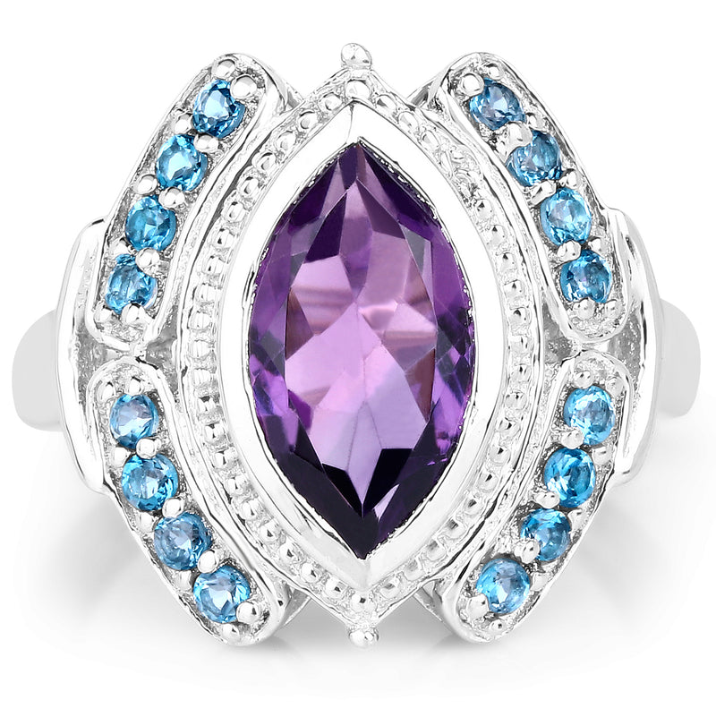 3.06 Carat Genuine Amethyst and London Blue Topaz .925 Sterling Silver Ring
