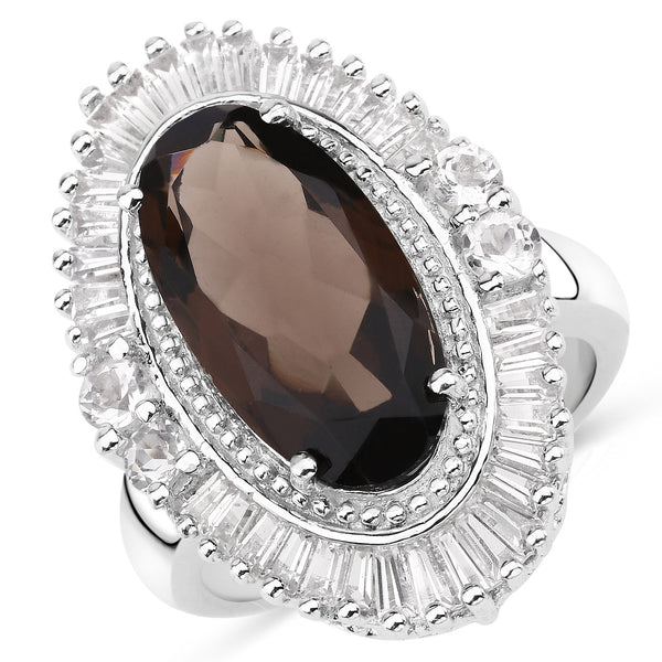 8.12 Carat Genuine Smoky Quartz and White Topaz .925 Sterling Silver Ring