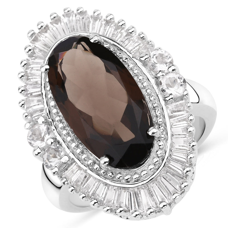 8.12 Carat Genuine Smoky Quartz and White Topaz .925 Sterling Silver Ring