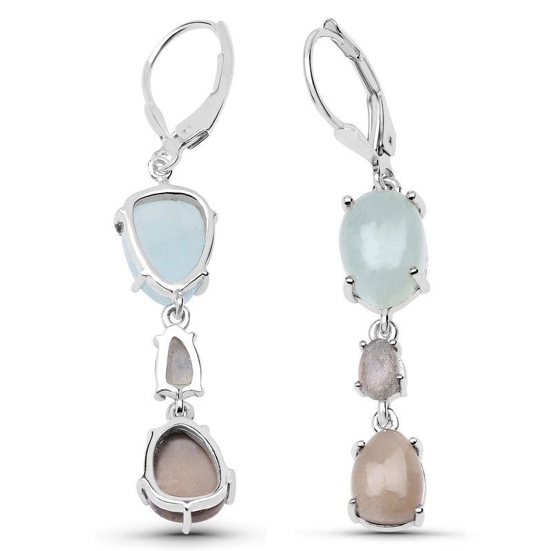 8.30 Carat Genuine Smoky Quartz, Labradorite and Aquamarine .925 Sterling Silver Earrings