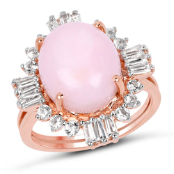 14K Rose Gold Plated 6.42 Carat Genuine Pink Opal and White Topaz .925 Sterling Silver Ring