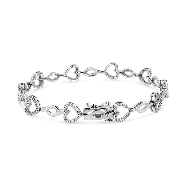 .925 Sterling Silver 1/4 Cttw Round-Cut Diamond Alternating Heart and Leaf Link Bracelet (I-J Color, I3 Clarity) - Size 7.25"