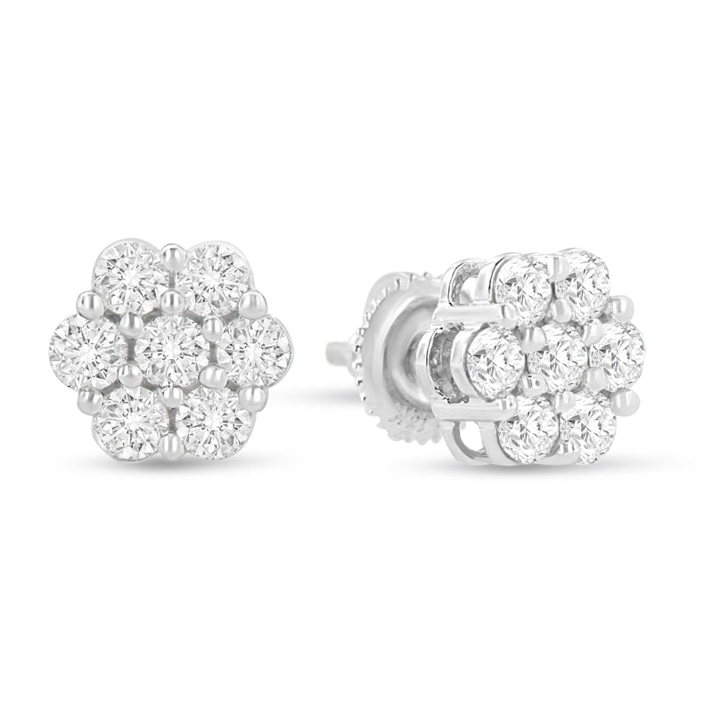 14K White Gold 1.0 Cttw Prong Set Round-Cut Diamond Floral Stud Earrings (H-I Color, I1-I2 Clarity)