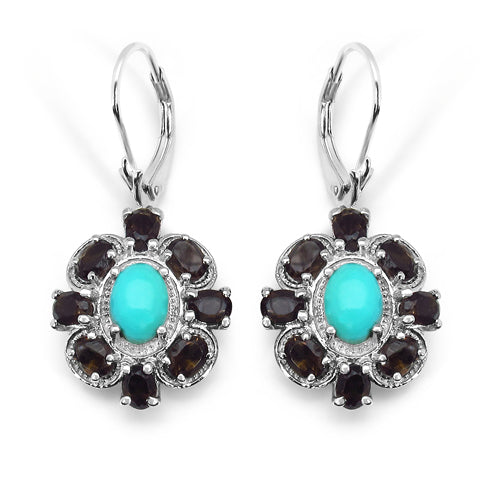 3.68 Carat Genuine Turquoise & Smoky Topaz .925 Sterling Silver Earrings