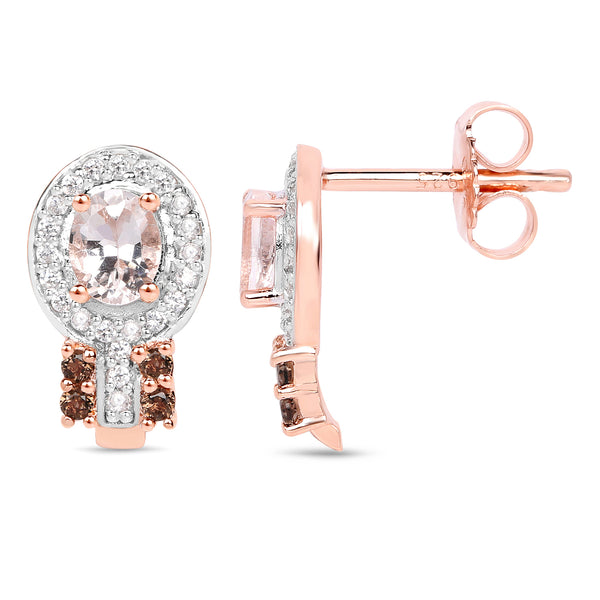 18K Rose Gold Plated 0.87 Carat Genuine Morganite, Smoky Quartz and White Zircon .925 Sterling Silver Earrings