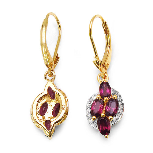 14K Yellow Gold Plated 2.36 Carat Genuine Rhodolite & White Topaz .925 Sterling Silver Earrings