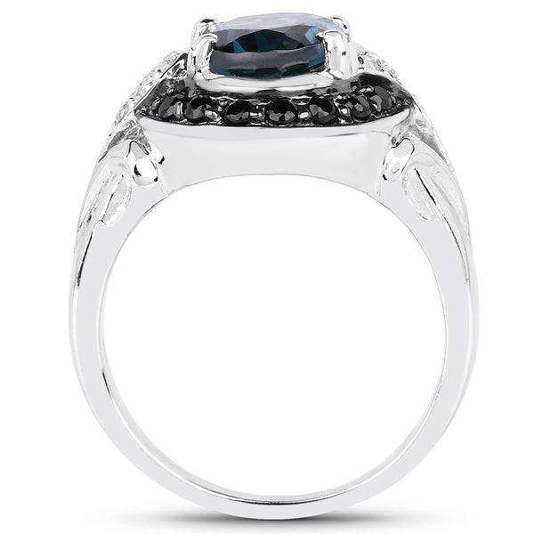 4.27 Carat Genuine London Blue Topaz, Black Spinel & White Topaz .925 Sterling Silver Ring