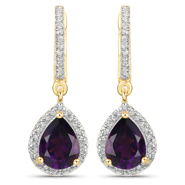 18K Yellow Gold Plated 2.29 Carat Genuine Amethyst and White Topaz .925 Sterling Silver Earrings