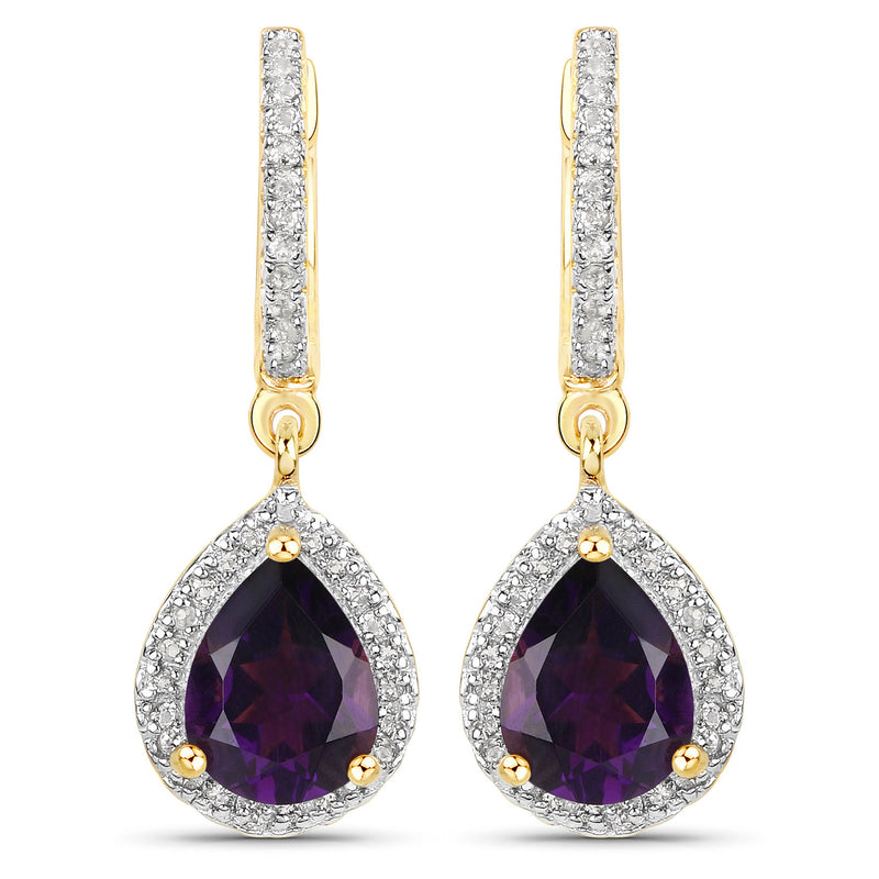 18K Yellow Gold Plated 2.29 Carat Genuine Amethyst and White Topaz .925 Sterling Silver Earrings