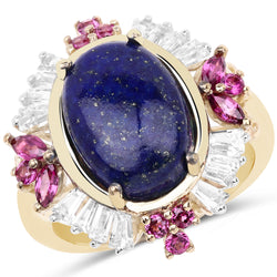 14K Yellow Gold Plated 6.72 Carat Genuine Lapis, Rhodolite & White Topaz .925 Sterling Silver Ring