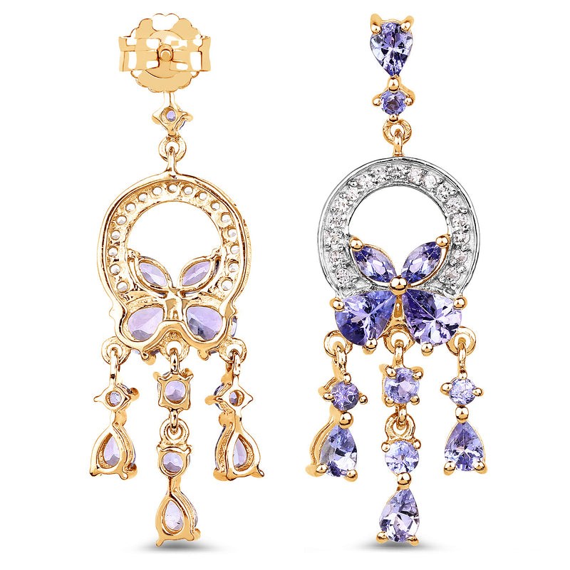 14K Yellow Gold Plated 3.22 Carat Genuine Tanzanite and White Topaz .925 Sterling Silver Earrings