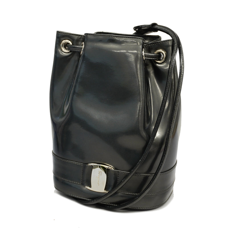 Auth Salvatore Ferragamo Rucksack Enamel Metallic Gray Silver Metal