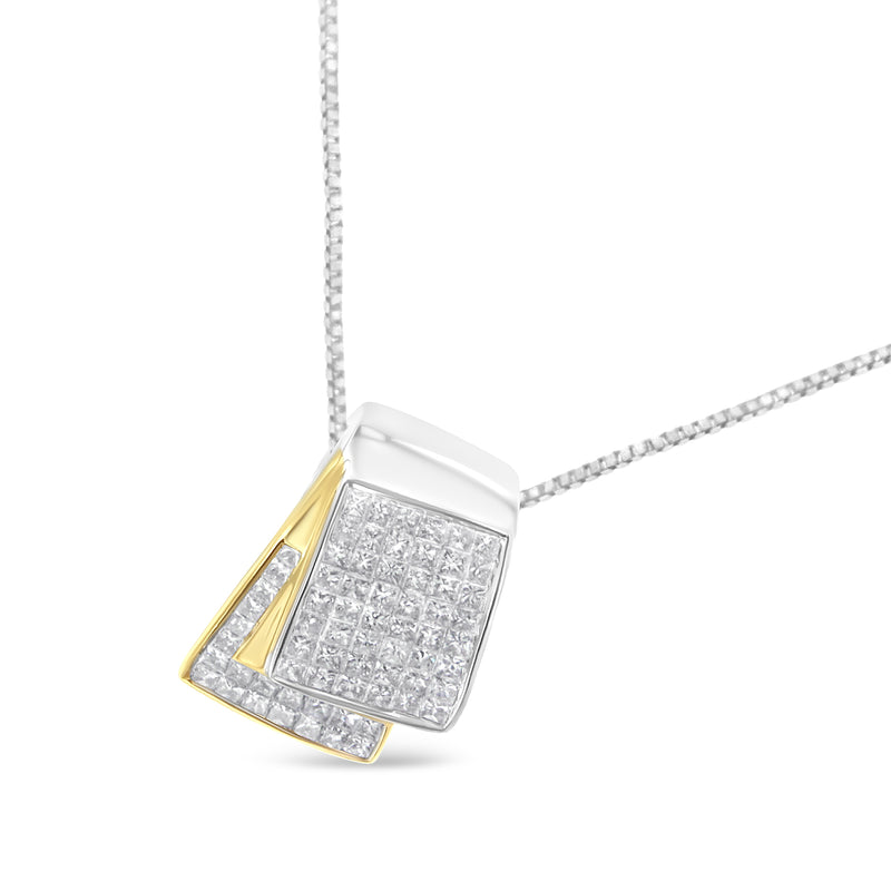 14K White and Yellow Gold 2.0 Cttw Princess Cut Diamond Two Tone Foldover Box Pendant 18” Box Chain Necklace (H-I Color, SI1-SI2 Clarity)