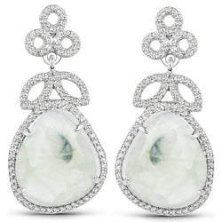 17.80 Carat Genuine Prehnite and White Topaz .925 Sterling Silver Earrings