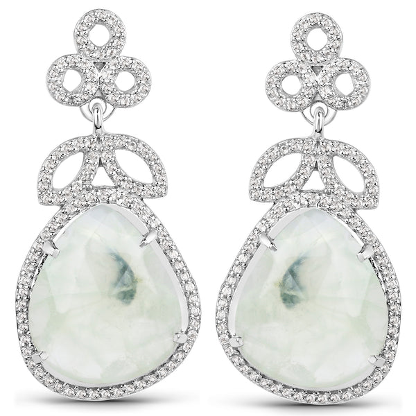 17.80 Carat Genuine Prehnite and White Topaz .925 Sterling Silver Earrings