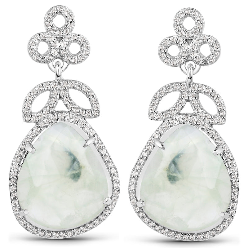 17.80 Carat Genuine Prehnite and White Topaz .925 Sterling Silver Earrings