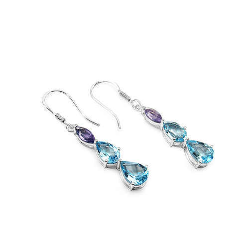 7.46 Carat Genuine Blue Topaz & Amethyst .925 Sterling Silver Earrings