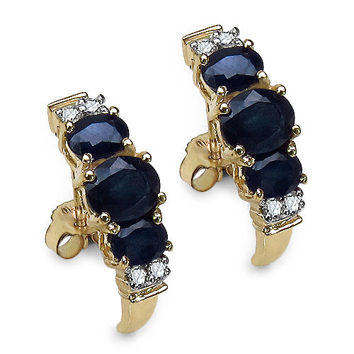 1.54 Carat Genuine Blue Sapphire and White Diamond 10K Yellow Gold Earrings