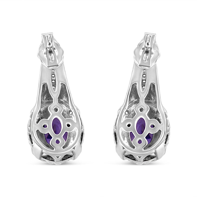 .925 Sterling Silver 8x6 MM Natural Oval Purple Amethyst Gemstone and Diamond Accent Art Deco Style Drop and Dangle Earrings (I-J Color, I1-I2 Clarity)
