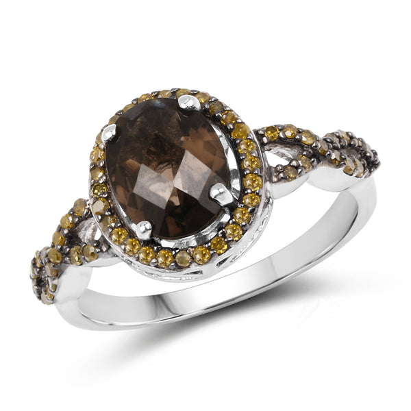 1.91 Carat Genuine Smoky Quartz & Yellow Diamond .925 Sterling Silver Ring