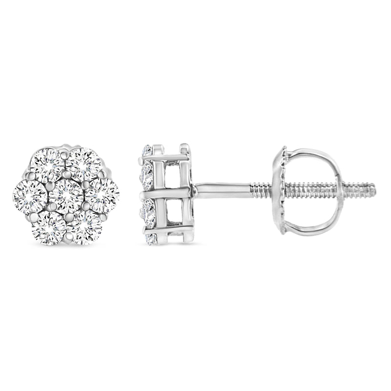 14K White Gold 1/3 Cttw Floral Cluster Diamond Stud Earrings with Screw backs (I-J Color, SI2-I1 Clarity)