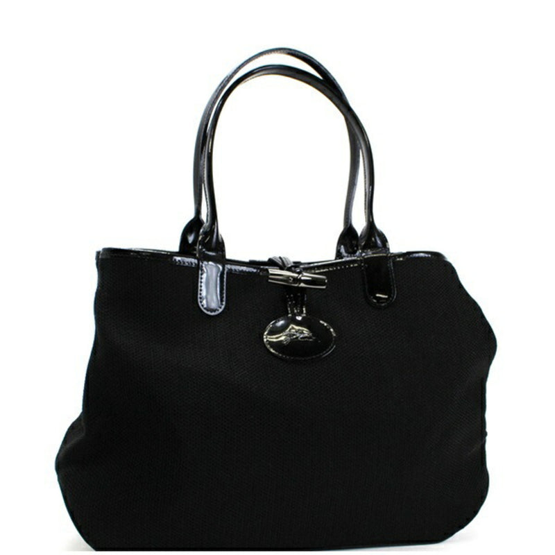 Longchamp Rozo Reversible Tote Bag Shoulder Nylon x Leather Belt Pattern Black LONGCHAMP Ladies