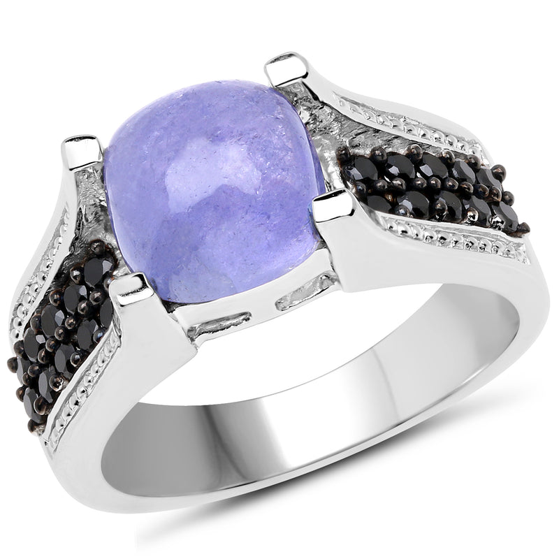 3.20 Carat Genuine Tanzanite and Black Spinel .925 Sterling Silver Ring