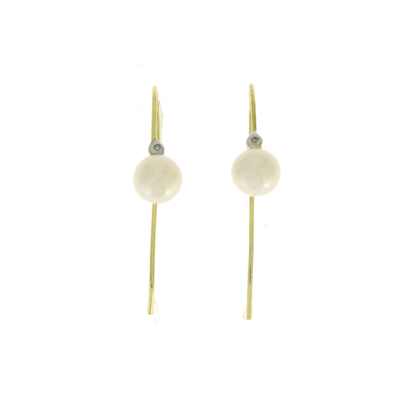 .01ct FW Pearl Diamond Dangle Earrings 10KT Yellow Gold