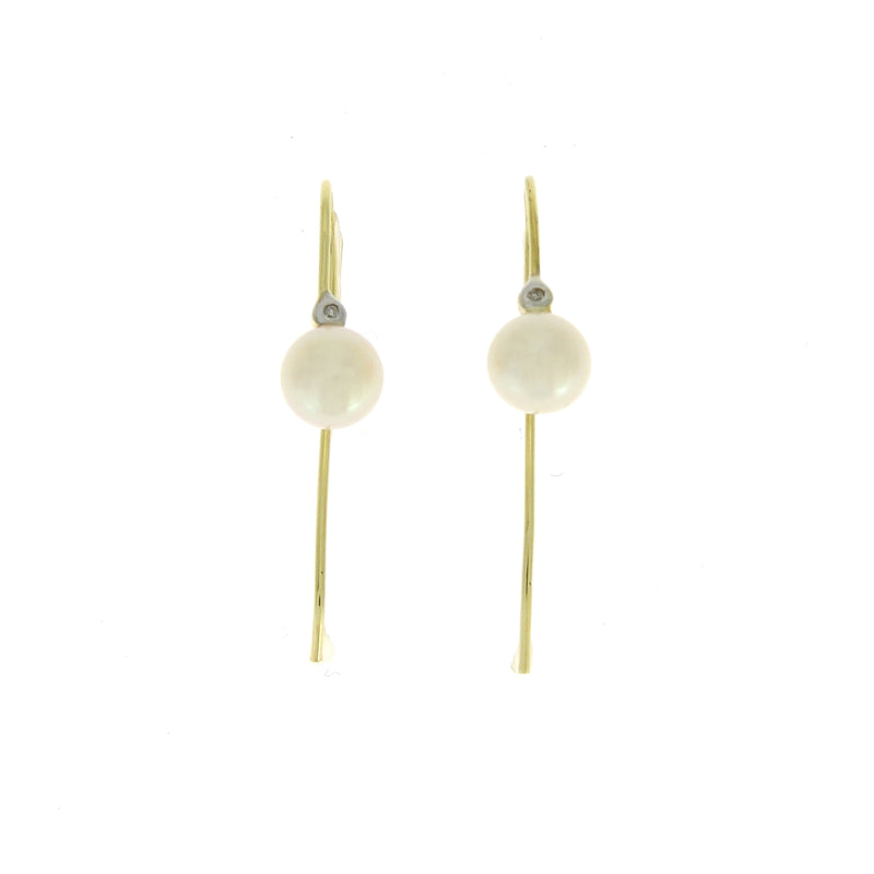 .01ct FW Pearl Diamond Dangle Earrings 10KT Yellow Gold
