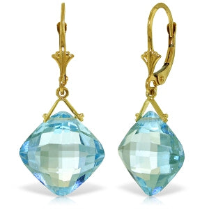 17.5 Carat 14K Solid Yellow Gold Leverback Earrings Checkerboard Cut Blue Topaz