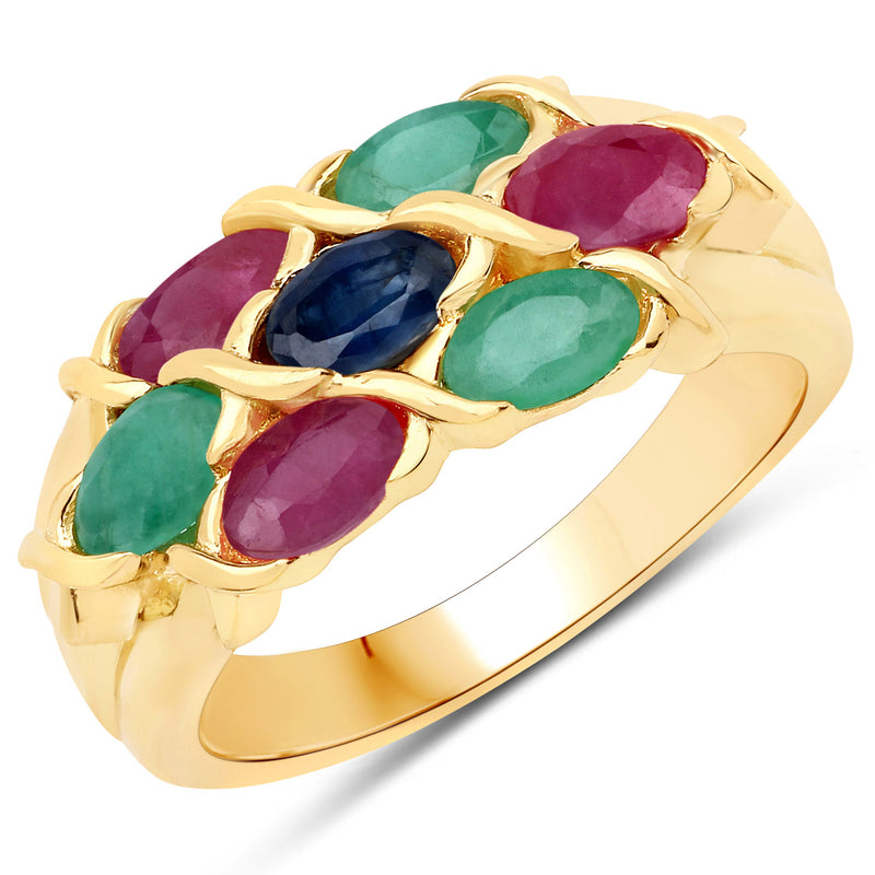 1.63 Carat Genuine Ruby, Blue Sapphire and Emerald .925 Sterling Silver Ring