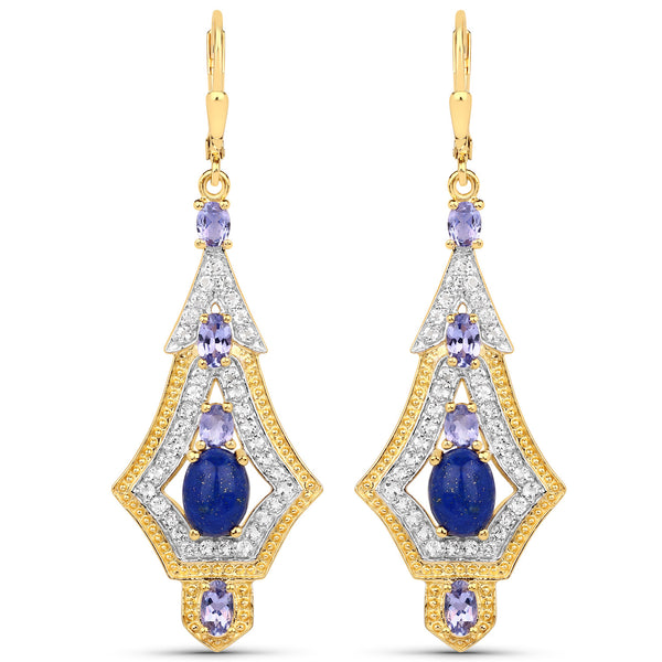 5.92 Carat Genuine Lapis, Tanzanite and White Topaz .925 Sterling Silver Earrings