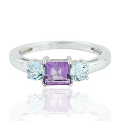 1.24 Natural Amethyst Three Stone Ring 925 Sterling Silver Topaz Jewelry