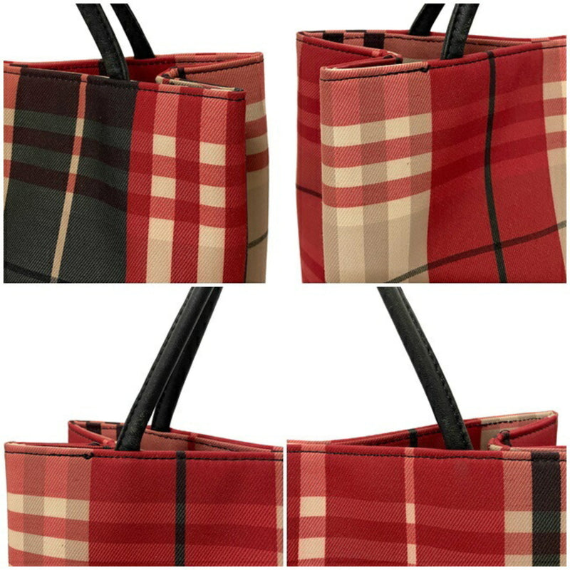 Burberry Tote Bag Red Black Check Nylon Canvas Leather BURBERRY Handbag Womens Mens Beige