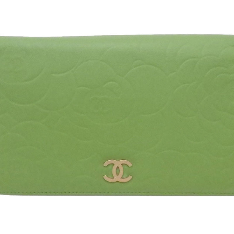 Chanel CHANEL Bi-Fold Wallet Camellia Coco Mark Green Leather Women's