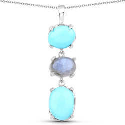 5.63 Carat Genuine Turquoise And Labradorite .925 Sterling Silver Pendant