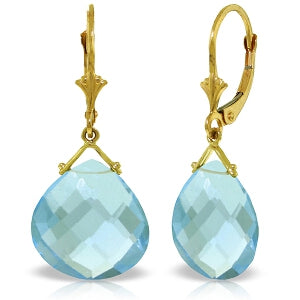 17 Carat 14K Solid Yellow Gold Leverback Earrings Checkerboard Cut Blue Topaz