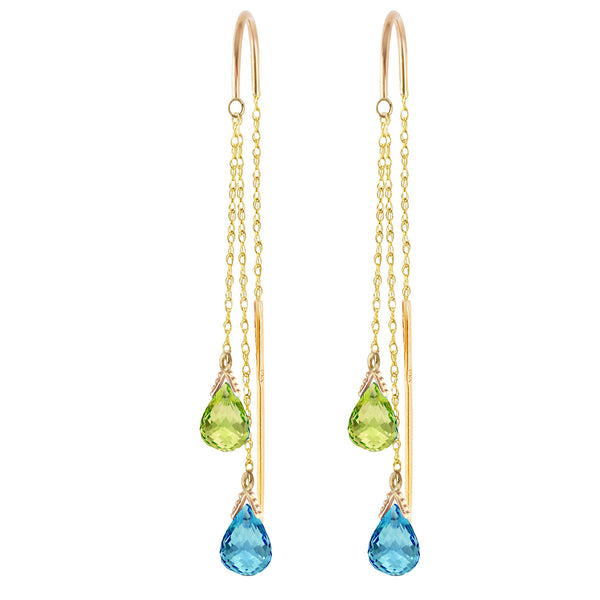 2.5 Carat 14K Solid Yellow Gold Threaded Dangle Earrings Blue Topaz Peridot