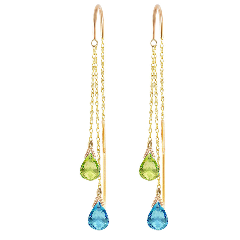 2.5 Carat 14K Solid Yellow Gold Threaded Dangle Earrings Blue Topaz Peridot