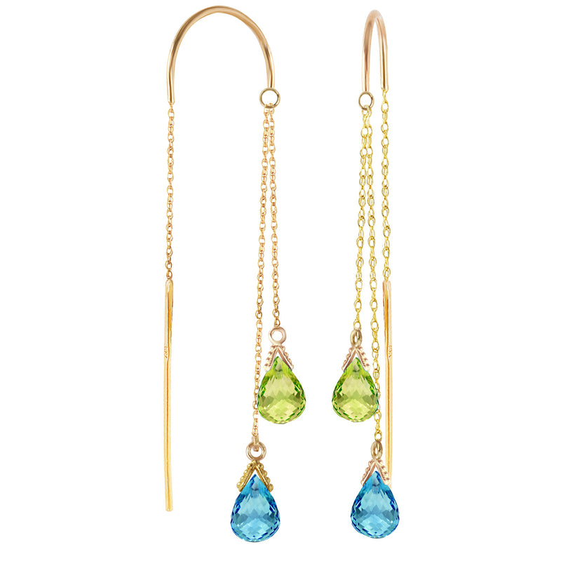 2.5 Carat 14K Solid Yellow Gold Threaded Dangle Earrings Blue Topaz Peridot