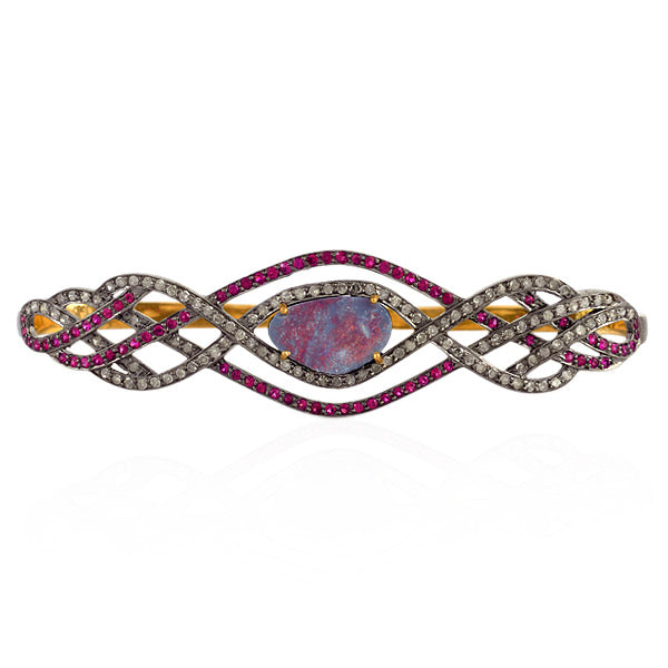 Pave Setting Ruby Opal Diamond Palm Bracelet 18k Gold 925 Silver Women's Jewelry